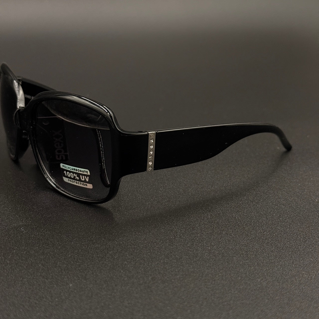 Amara Black frame with blue smoky lenses and silver crystal temple detail