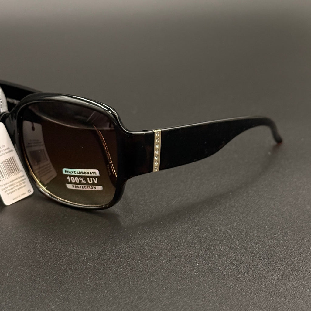 Amara tortoise frame with brown smoky lenses and gold crystal temple detail