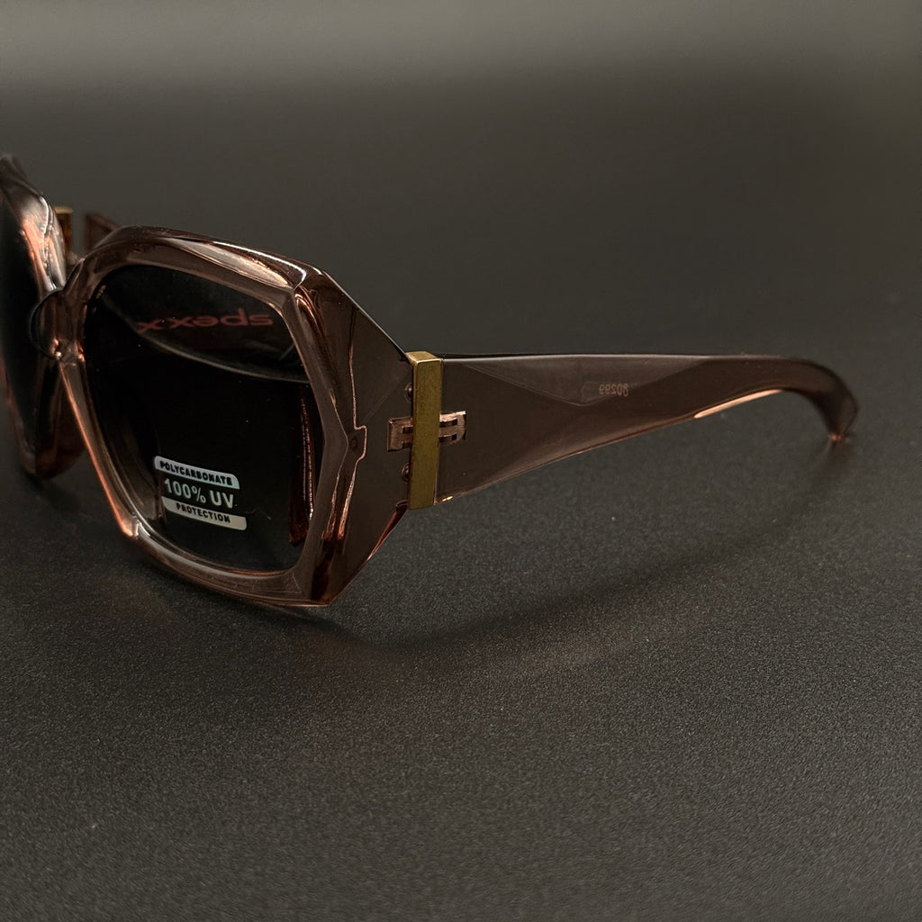 Sabrina pink frame with brown smoky lenses and gold hinge detail
