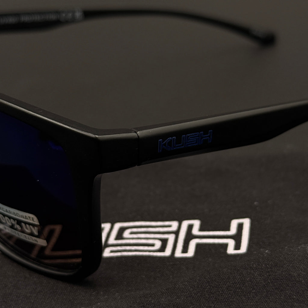 Temple Close-up of Blue/Purple/Matte Black Sunglasses (Vault)