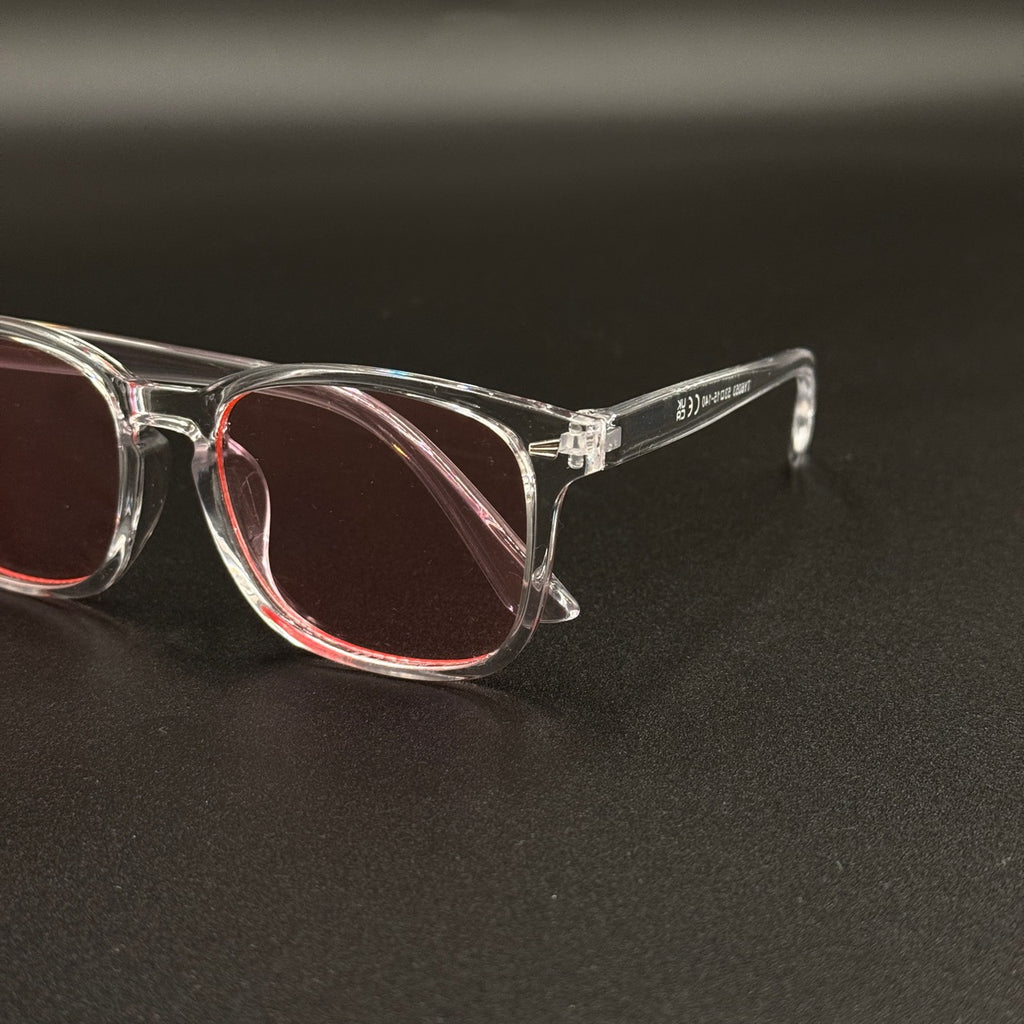 Mirelle clear frame pink lens temple detail