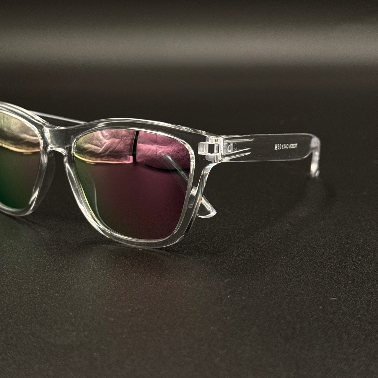 Vienne Clear Frame Pink Blue Reflective Lens temple detail